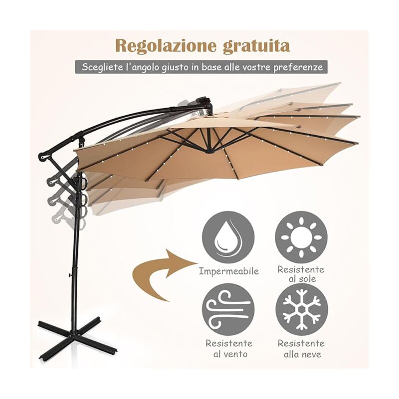 Ombrellone Da Giardino COSTWAY 300 Cm Con 32 Luci LED Solari - Rotazione 360°, Inclinabile, Per Piscina E Cortile