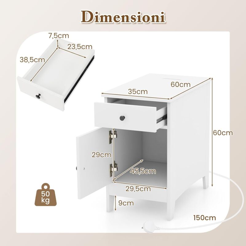 DOMYDEVM Comodino nero con stazione di ricarica comodino per camera da letto comodino con porte USB e prese USB piccolo tavolino laterale con 2 cassetti portaoggetti in tessuto per soggiorno