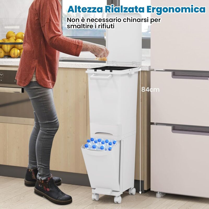 Pattumiera da cucina 3 in 1 su ruote, 30 Cestino per la raccolta differenziata L con coperchio e cassetto portaoggetti, pedale in plastica, 36 x 25 x | Leroy Merlin