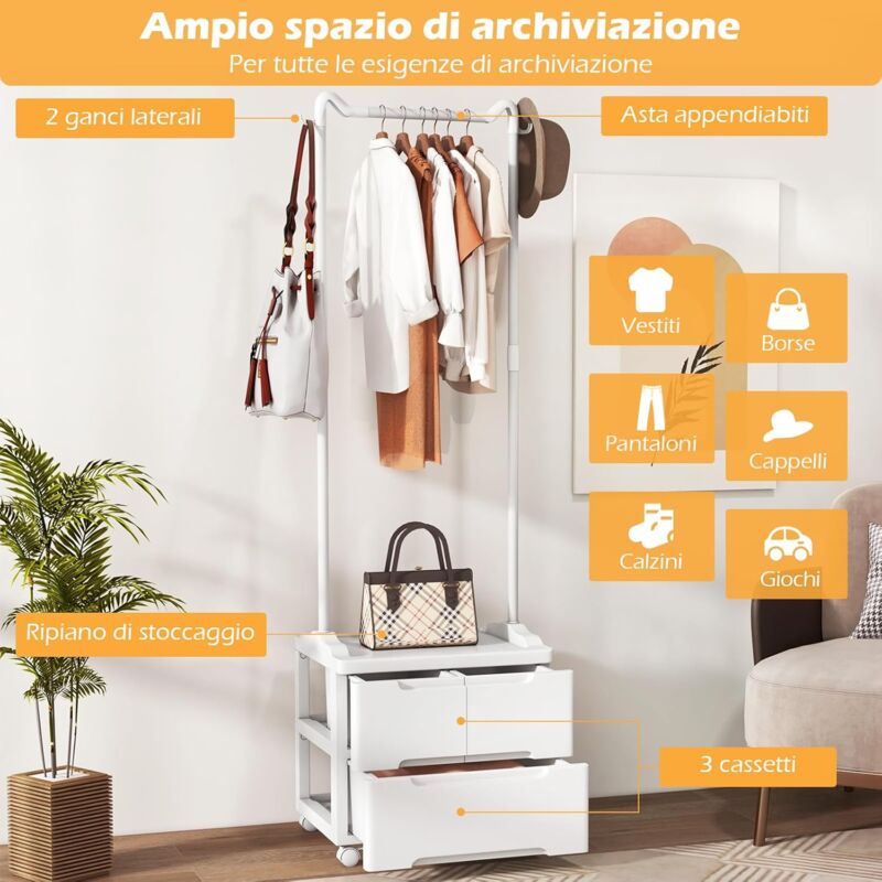 Appendiabiti 4 in 1 in bambù con rotazione a 360° e 4 ganci per appendere vestiti, perfetto per camera da letto e corridoio, robusto, capacità 90 kg, 100 x 35 x 165 cm