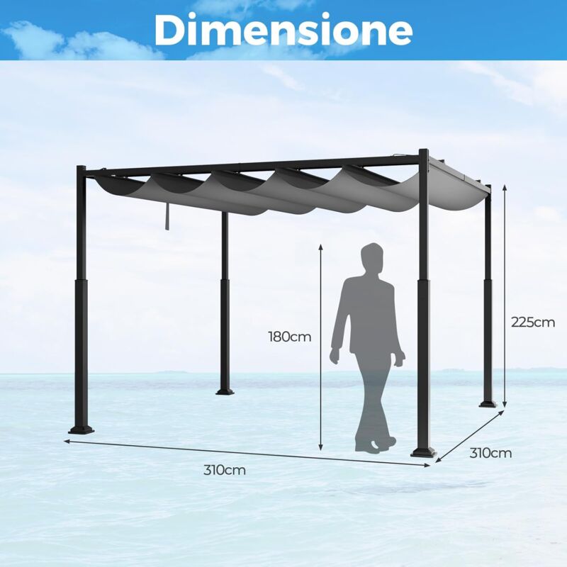 Pergola Da Giardino 3x3 M – Gazebo In Metallo Con Tetto Retrattile, Ombreggiante Regolabile, Per Esterni