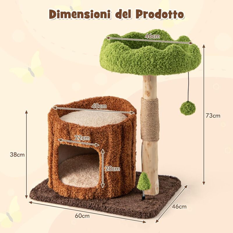 COSTWAY Albero Tiragraffi Per Gatti A Tema Foresta - Con Condo, Piattaforme, Pali In Sisal, Pompon, 122 Cm, Verde/arancione