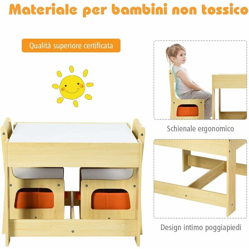 COSTWAY Set Tavolo e Sedie per Bambini in Legno, Scrivania Tavolino  Multiuso con Sgabelli, con Lavagna Cassetti e Contenitore, Beige (Legno) :  : Casa e cucina