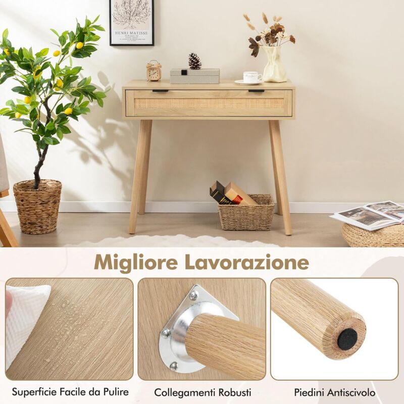 VEVOR Tavolo Consolle in Rattan con 3 Cassetti Portaoggetti, Tavolo