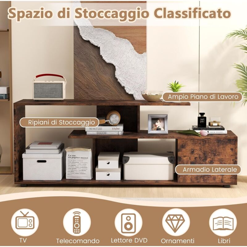 Mobile TV COSTWAY Per TV Fino A 55'' - 3 Ripiani, Armadietto, Cassetto, Design Industriale, Gambe Regolabili - Foto 3