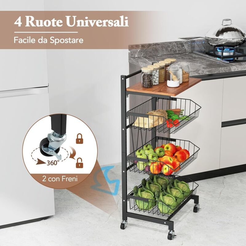 Carrello Portaoggetti Sottile 4 Ripiani Con Ruote - Organizzatore Per Cucina, Dispensa E Bagno - 3