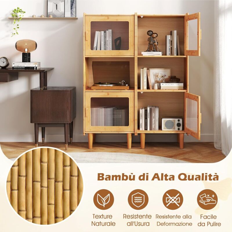 Armadio Credenza COSTWAY In Bambù E Acrilico | 3 Ripiani Con 2 Ante | 49,5x40x130 Cm | Vetrina Espositore Per Cucina, Soggiorno, Studio - 5
