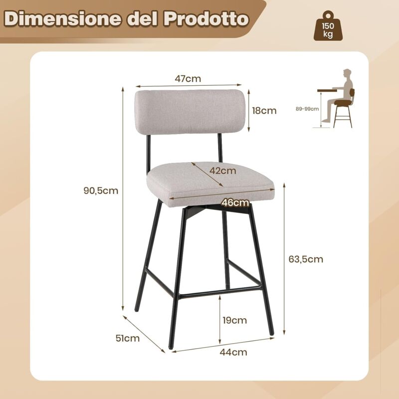 COSTWAY Set Di 2 Sgabelli Da Bar Girevoli Regolabili In Altezza, Neri, Con Poggiapiedi, Portata 120 Kg