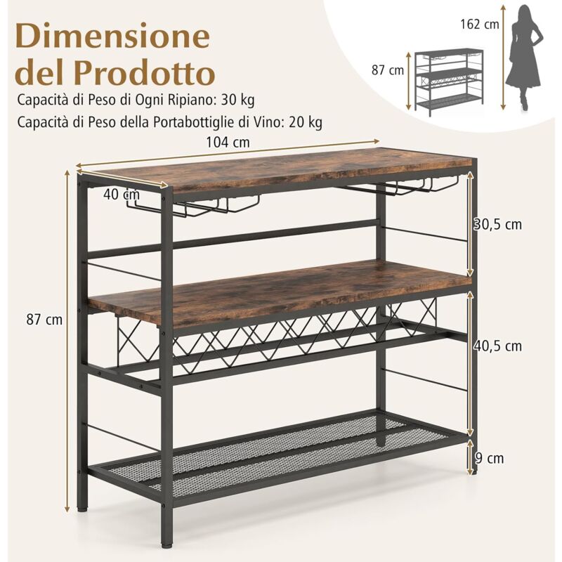 Todeco Portabottiglie Vino da Parete con Supporto in Vetro Legno metallo Scaffale per Vino a 3 Livelli con 12 Calici di Vetro portabottiglie a Rack di Stoccaggio Adatto per l'uso in cucina,60*20*62