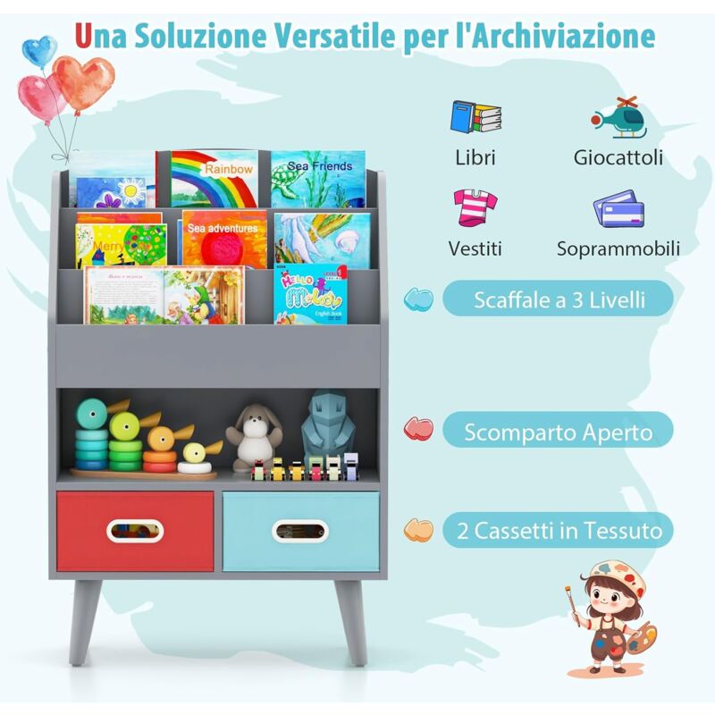 Libreria Per Bambini Costway In Legno - 3 Ripiani, 2 Cassetti In Tessuto, Dimensioni 63x30x97 Cm, Sicura E Moderna