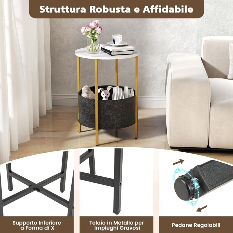 GIANTEX Tavolino Rotondo A 2 Livelli Con Cesto Portaoggetti In Feltro, Struttura In Metallo, Per Soggiorno E Camera Da Letto, 44x60,5 Cm, Bianco - 2