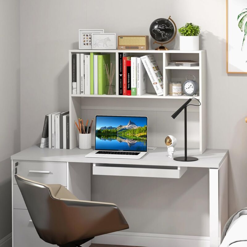 Libreria Da Scrivania COSTWAY – 3 Ripiani Regolabili, Per Monitor Fino A 27" – 94x25x79 Cm, Naturale/Bianco