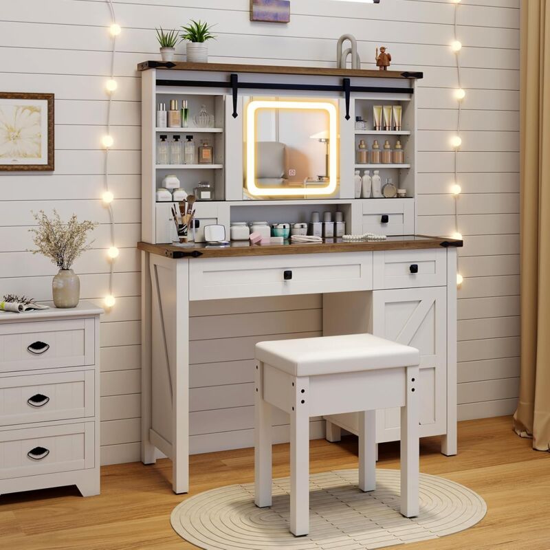 Tavolo Da Trucco Bianco Con Specchio LED 3 Colori E Cassetti – Scrivania Toeletta Con Armadio Antipolvere E Porta Gioielli - 5