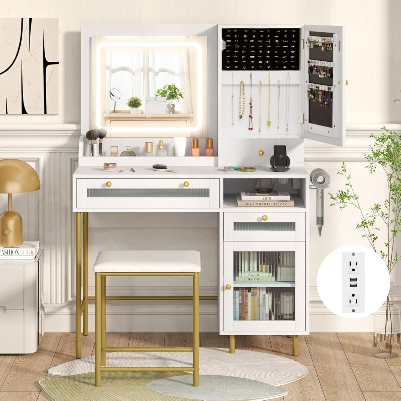 GarveeHome Scrivania Toeletta Con Specchio E Sgabello - 3 Luci LED Regolabili, 2 Cassetti, Bianco E Oro - 3