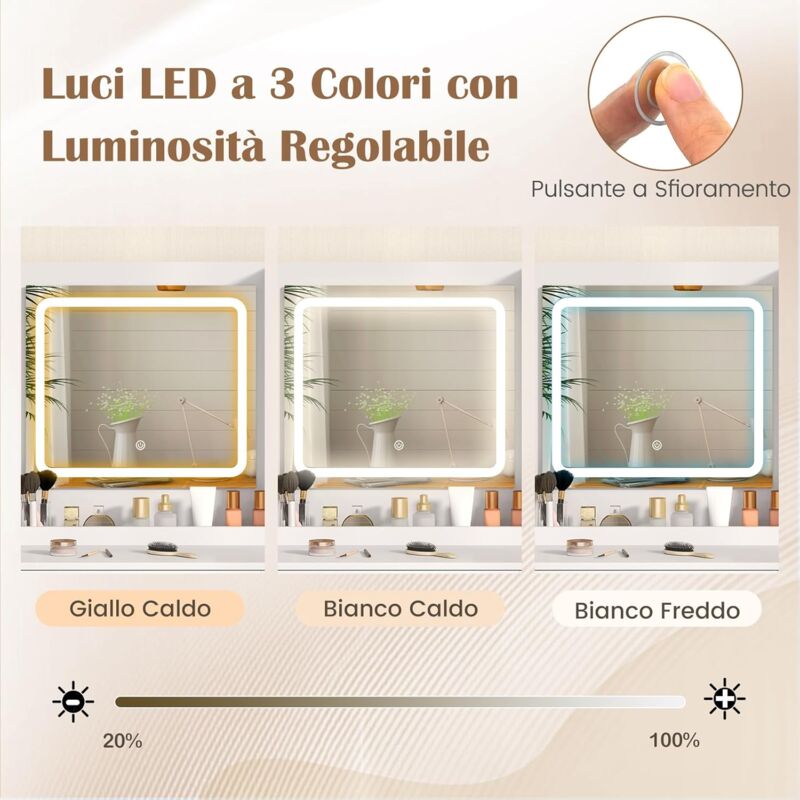 Scrivania da trucco rosa con specchio e luci, set di toeletta per ragazze, mobili per camera da letto con sedia (100 cm