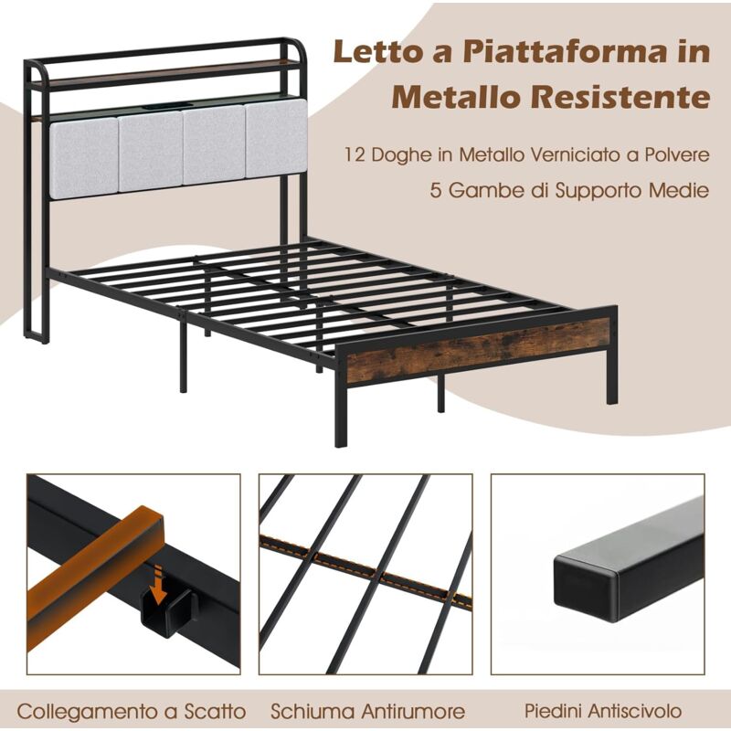 Letto Matrimoniale In Metallo Con Luci LED RGB E Ricarica USB – Struttura Imbottita Con Testiera Portaoggetti, Nero/grigio - 3