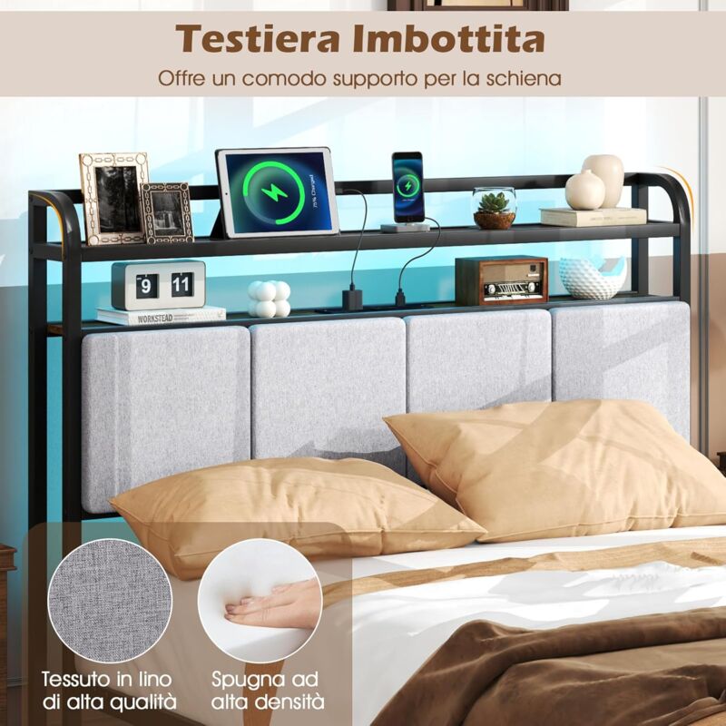 Letto Matrimoniale 220 x 140 cm con Luci LED a Telecomando, Struttura