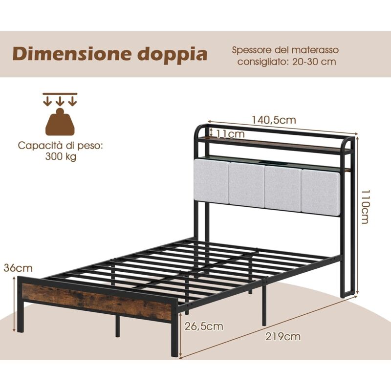 COSTWAt Letto Matrimoniale 140x220 Cm Con Luci LED E Stazione Di Ricarica - Testiera Imbottita In Lino, Capacità 500 Kg, Marrone Rustico