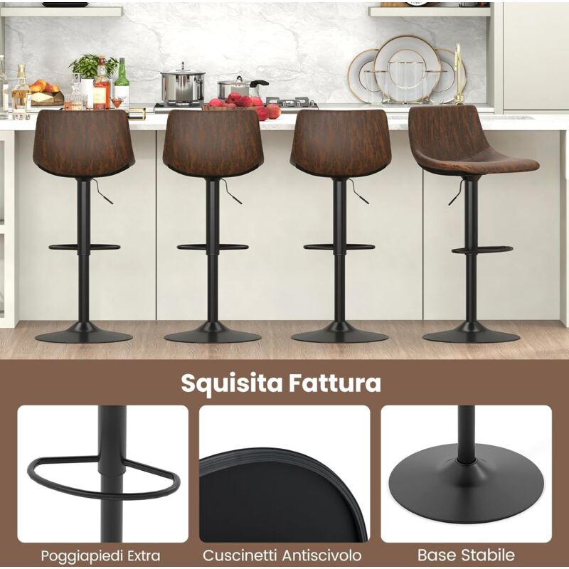 HOMASIS Set di 2 sgabelli da bar, girevole a 360°, con schienale e poggiapiedi, in metallo e pelle, rotondi, altezza 72 cm, per bar, ristorante, girevole