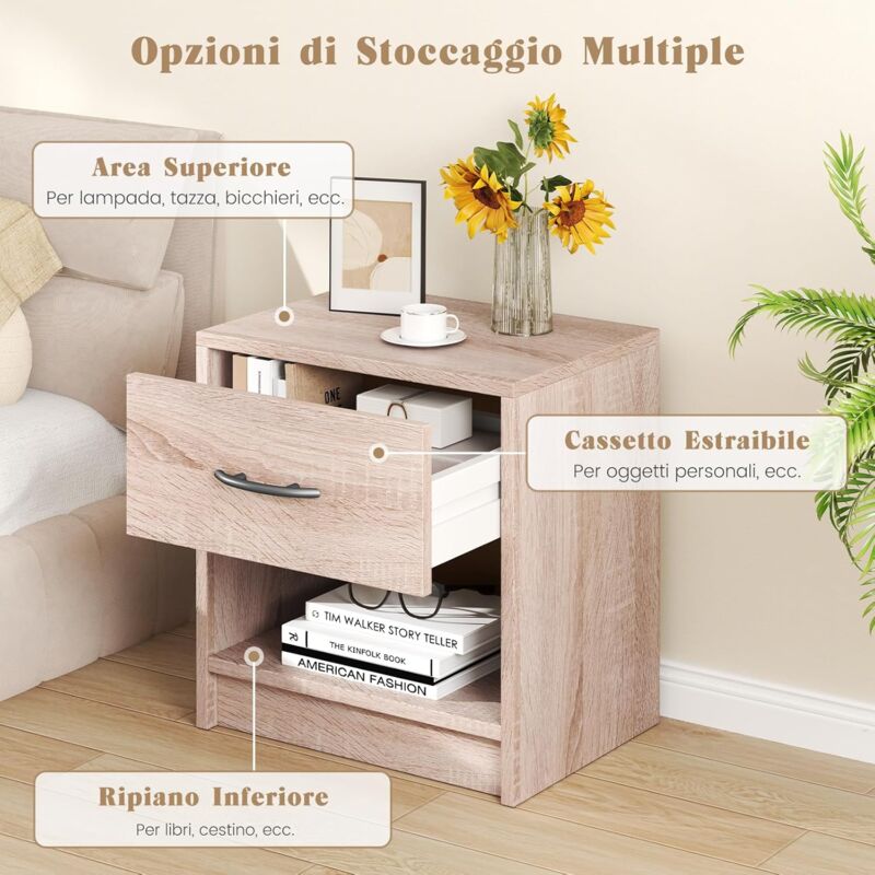 Set di 2 comodini, comodini con stazione di ricarica e cassetto