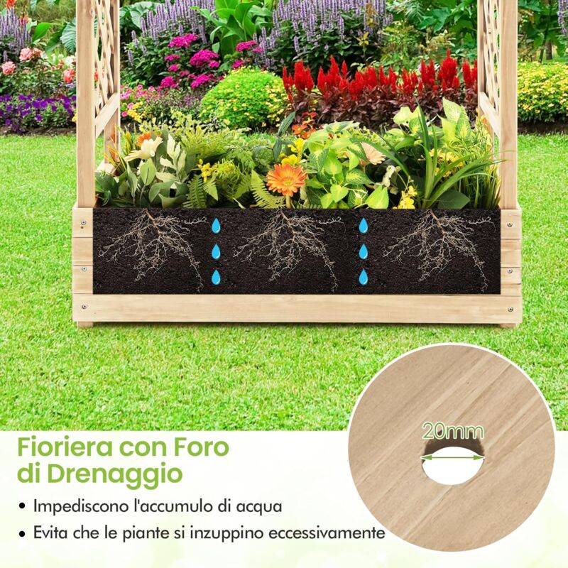 COSTWAY Fioriera Con Traliccio In Abete Naturale – 64x28x120 Cm, Letto Rialzato Con Grigliato Per Rampicanti, Resistente Alle Intemperie Per Giardino E Balcone