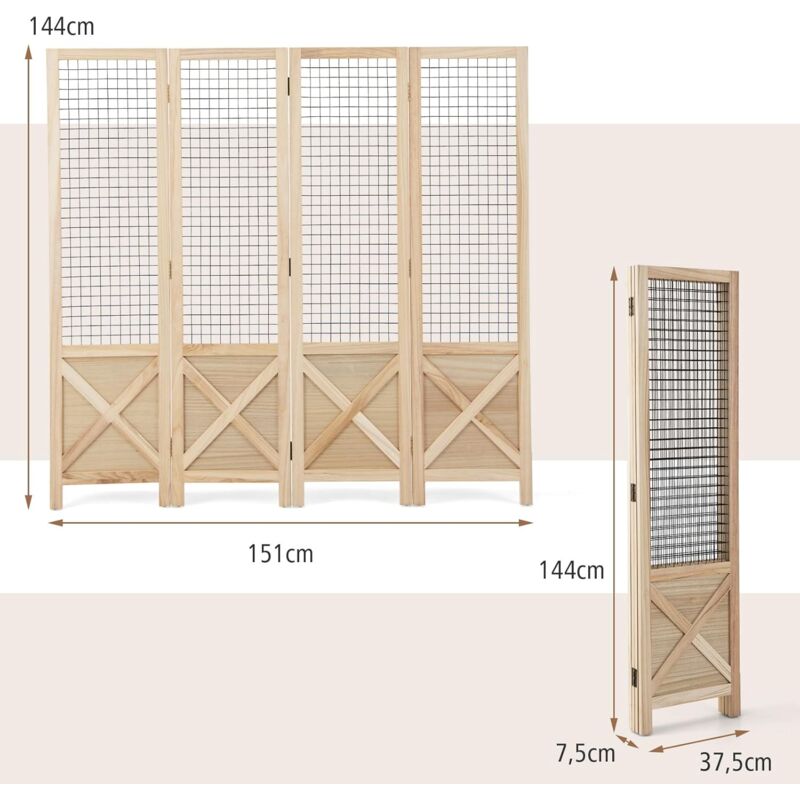 Divisorio A 4 Pannelli In Legno 1,5m – Paravento Pieghevole Intagliato Per Camera Da Letto, Ufficio, Soggiorno – Bianco, Autoportante, Già Montato