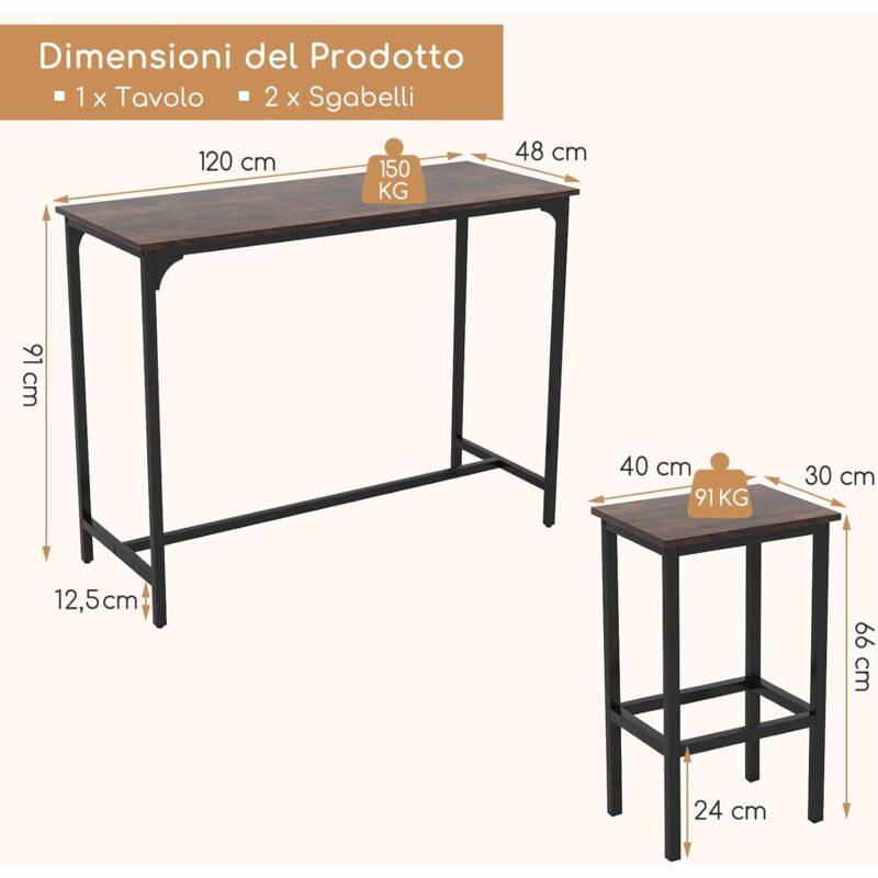 WOLTU BT17ws Tavolo da Bar Rettangolare Alto Tavolino Bancone per Cucina in Metallo Legno
