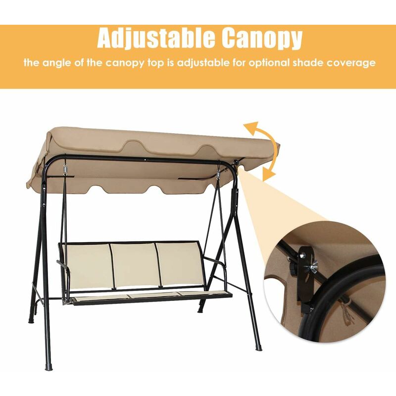 Dondolo Da Giardino COSTWAY 3 Posti - Con Tettuccio Regolabile, Telaio In Acciaio, 173x119x152 Cm Nero