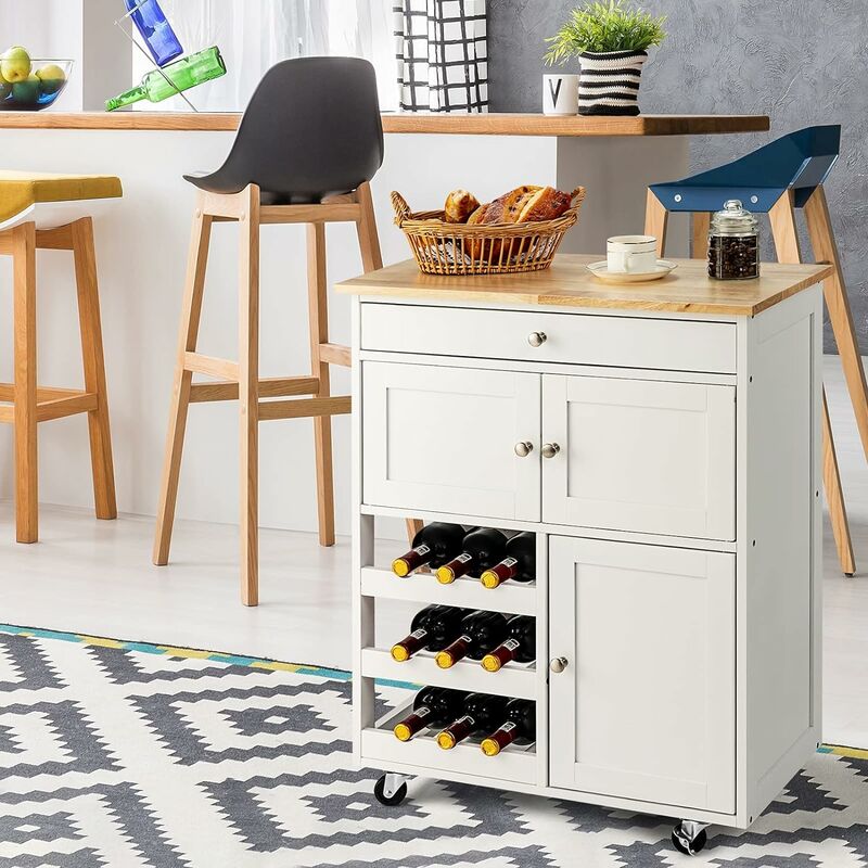 COSTWAY Carrello da Cucina, con Portabottiglie Tre Ante e Ruote, Credenza  Cucina in Legno di Pino e MDF, Ideale per Soggiorno e Cucina, 67 x 37 x 86  cm, Bianco