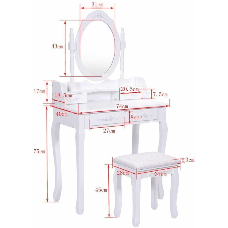 Toeletta da Trucco con Sgabello e Specchio, Tavolino Cosmetico con 4  Cassetti per Camera da Letto, in MDF, Bianco