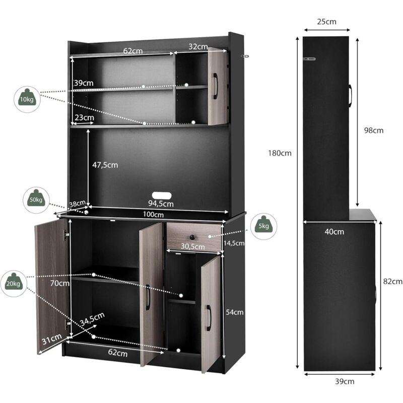 Armadio Da Cucina Con Stazione Di Ricarica – 180 Cm, Ripiani Regolabili E 3 Armadi – Nero/Noce