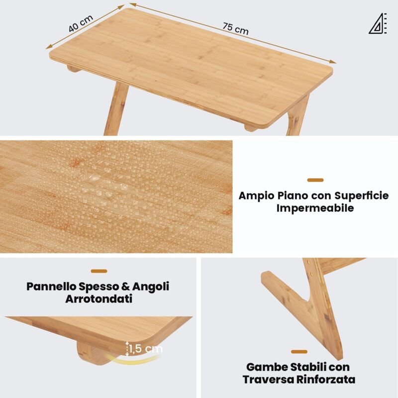 Tavolino Laterale In Bambù Naturale 75x40x70 Cm | Design A Z Salvaspazio Per Divano E Letto, Porta Laptop E Snack