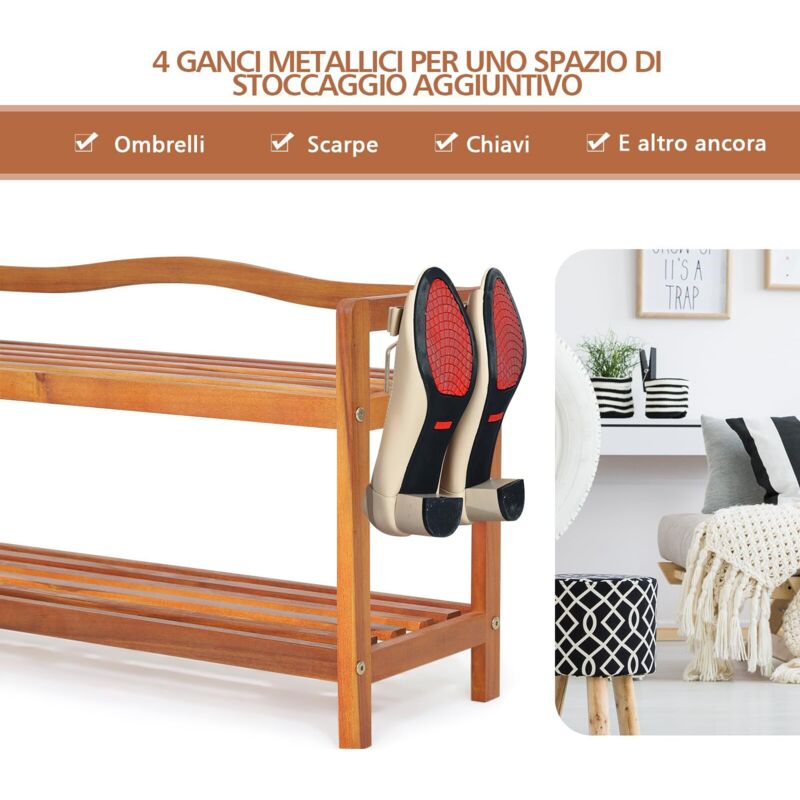 Scarpiera In Legno Di Acacia 2/3/5 Livelli Con 4/8 Ganci Laterali, Capacità 20 Kg Per Ripiano, Per Ingresso E Soggiorno – RELAX4LIFE