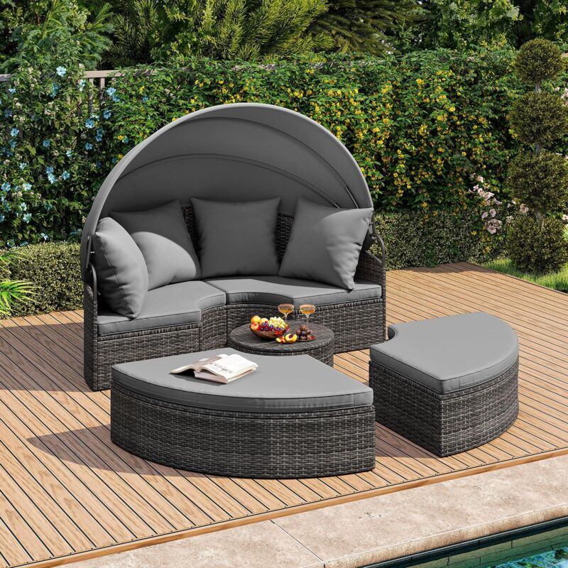 COSTWAY Poltrona Letto Rotondo Da Esterno Con Tettuccio Retrattile – Set Vimini In PE Con Cuscini, Perfetto Per Giardino E Piscina (Beige/Grigio)