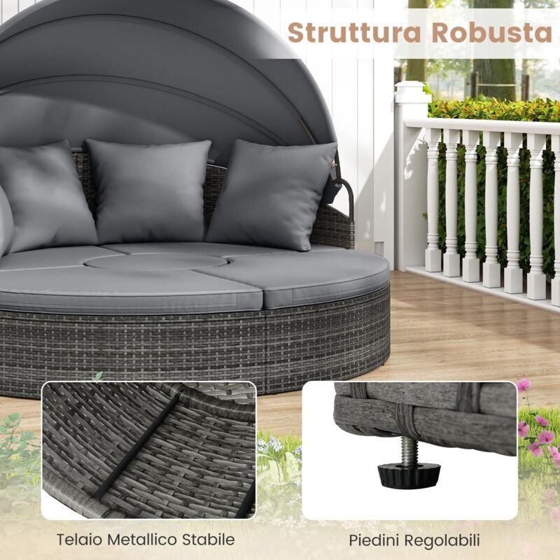 Poltrona letto rotonda per esterni con tettuccio retrattile e cuscini, Lettino da esterno per piscina e cortile 2 Colori