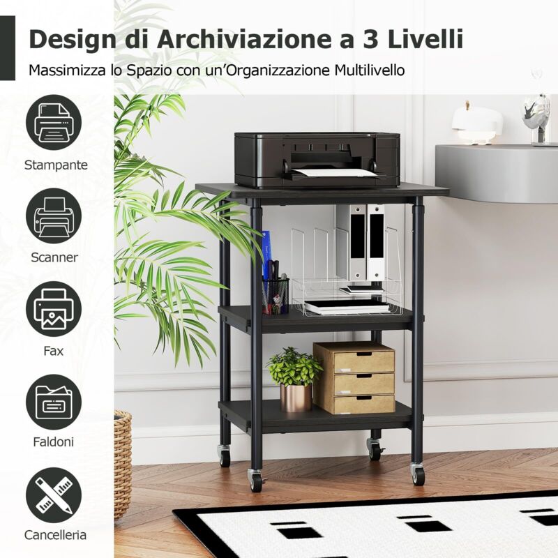 Carrello Supporto Stampante 3 Livelli COSTWAY - Altezza Regolabile 65/77 Cm, Ruote Bloccabili, Nero