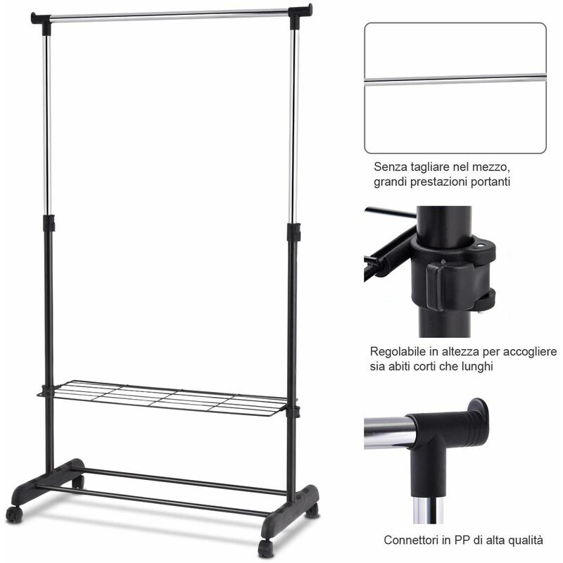 COSTWAY Appendiabiti da Terra Multiuso, Stand Appendiabiti in Acciaio,  Porta Abiti con Ruote, Attaccapanni Estensibile, 84 x 42 x 92-168 cm, Nero