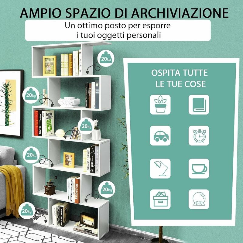 COSTWAY Libreria in Legno Scaffale Multifunzionale a 6 Ripiani per Piante e  Libri per Ufficio Casa Ripiano a Forma di S, 80 x 23 x 192 cm (Bianco)