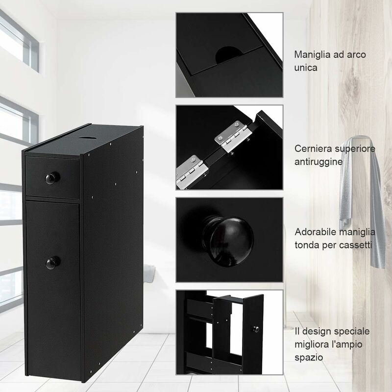 Armadio Stretto Da Pavimento Fabater Per Bagno - Mobile Contenitore Verticale Con Cassetti E Ruote, Salvaspazio Per Piccoli Ambienti