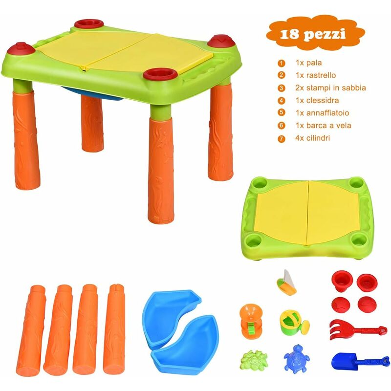 Tavolo per Sabbia ed Acqua per Bambini 2 in 1, Tavolo da Gioco per Bambini,  Set di Giocattoli da Spiaggia, per Uso Interno o Esterno, Accessori  Completi, 3+