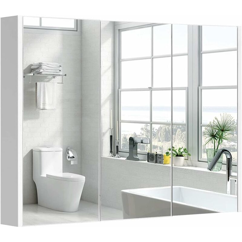 Armadietto da bagno a specchio con 3 ante 90x11x65cm Armadio bagno in legno  con specchio bianco - Costway