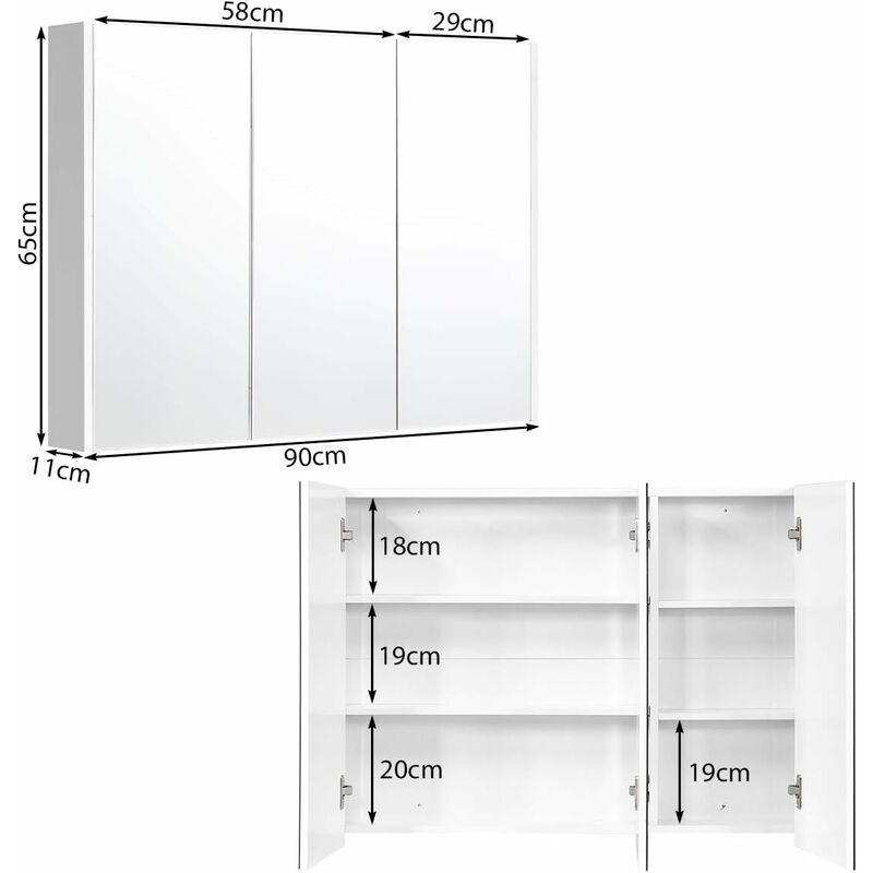 Armadietto da bagno a specchio con 3 ante 90x11x65cm Armadio bagno in legno  con specchio bianco - Costway