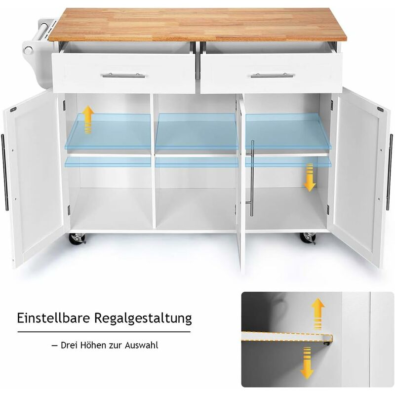 Carrello Da Cucina COSTWAY Con Ruote - 4 Ripiani, 3 Cassetti, Legno, Bianco