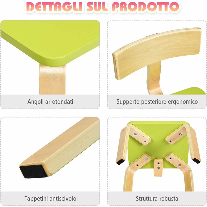 Set Mobili Tavolo e Sedie per Bambini, di Legno, Carini (Verde Chiaro)