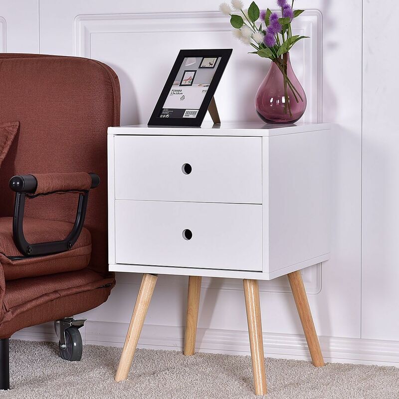Comodino Moderno In Legno PABURNI - Set Di 2, Dimensioni 40x30x50 Cm, Gambe In Metallo, Design Industriale, Colore Bianco
