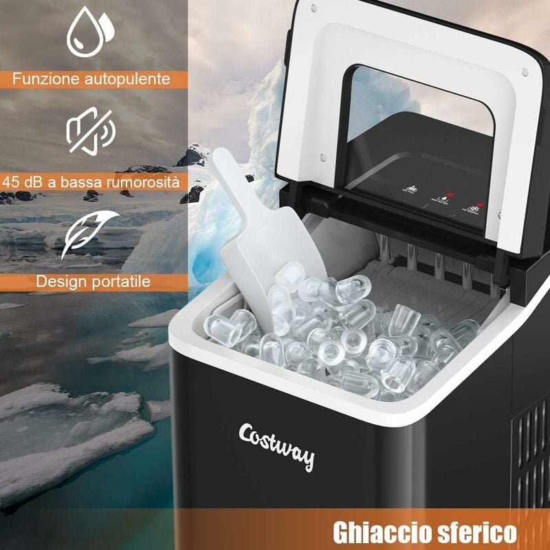 COSTWAY Macchina del Ghiaccio 12KG/24h, 9 Cubetti di Ghiaccio in 8 Minuti,  Funzione Autopulente, Fabbricatore Ghiaccio Silenzioso, 120W, Nero