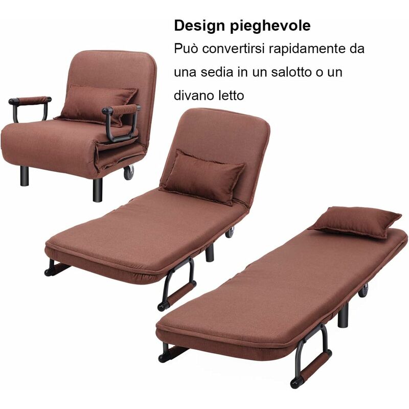 Poltrona 3 in 1 con braccioli con cuscino e schienale per camera, Chaise  longue comoda per ufficio 60x25x188cm, Caffè - Costway