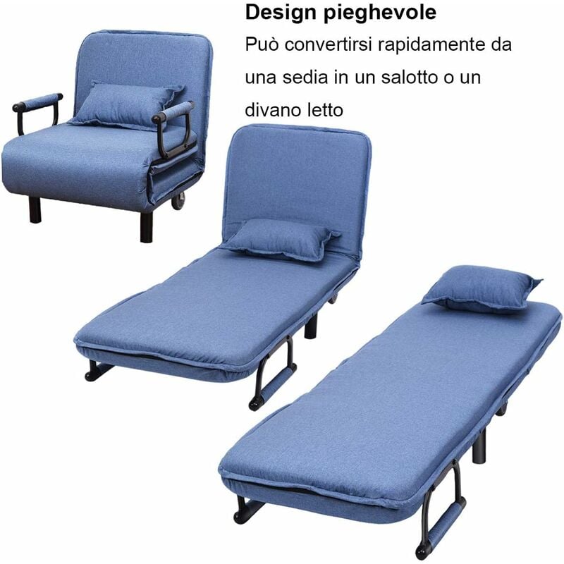 Poltrona Letto Relax con Braccioli, Poltroncina 3 in 1, Chaise Longue  Comoda Schienale Reclinabile, capacita di Carico 150kg (Blu)