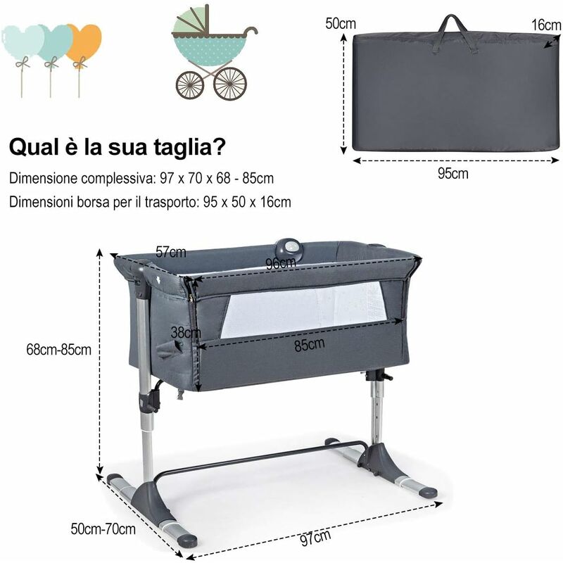 COSTWAY 2 in 1 Culla Neonato Fianco Letto Lettino Neonati Cosleeping, con  Materasso, 4 Altezze Regolabile