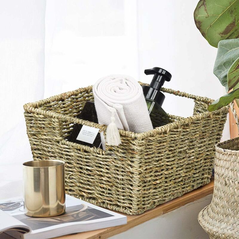 Set di 4 cestini in Seagrass Naturale, cesti Portaoggetti con Manici, per  Bagno e Cucina